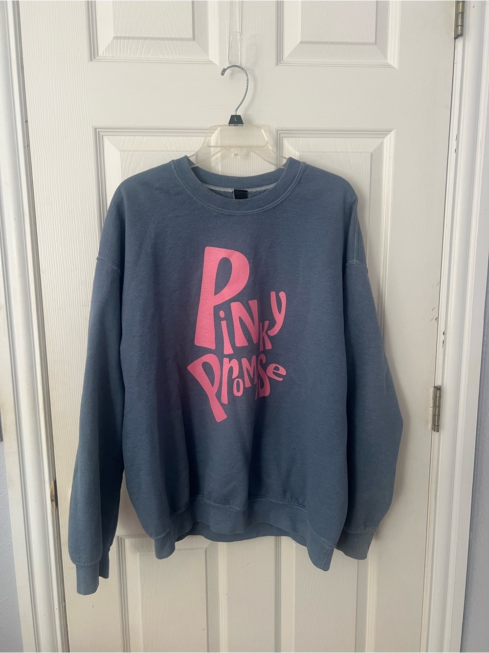 Sweet Claire Blue Crewneck with Pink 'Pinky Promise' Graphic